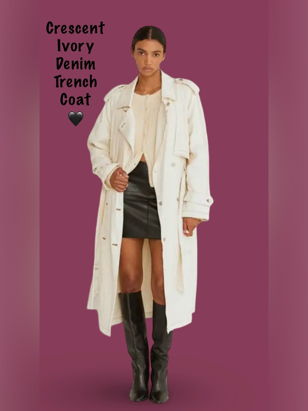 NWT Crescent Ivory Long 100% Cotton Denim Trench Coat in XS/S 🌙